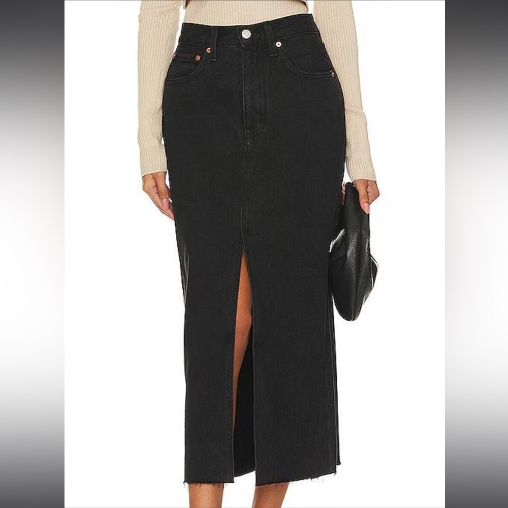 Pistola Alice Midi Denim Skirt Black Rigid Cotton Frayed Hem Front Slit Size 28